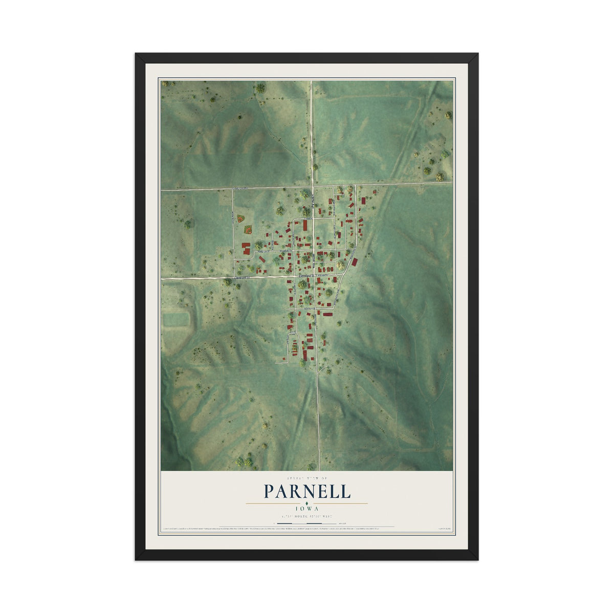 Map of Parnell, Iowa, 12 x 18 inch print in a black wood frame