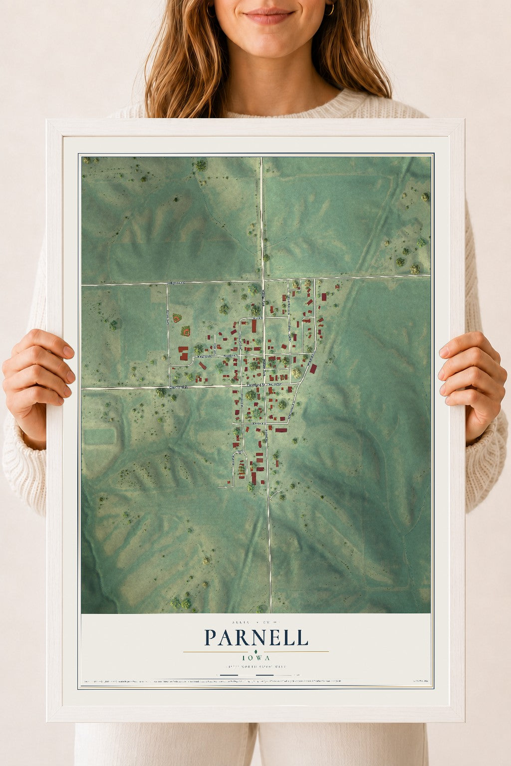 Map of Parnell, Iowa, 18 x 24 inch print in a white wood frame
