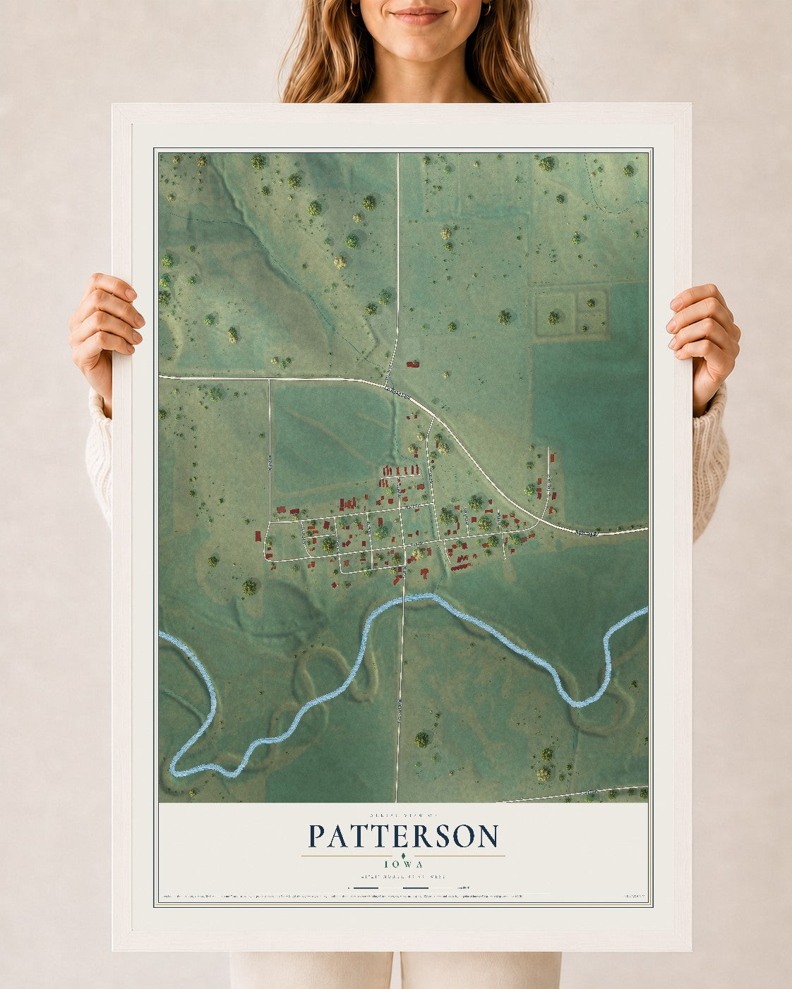 Map of Patterson, Iowa, 24 x 36 inch print in a white wood frame