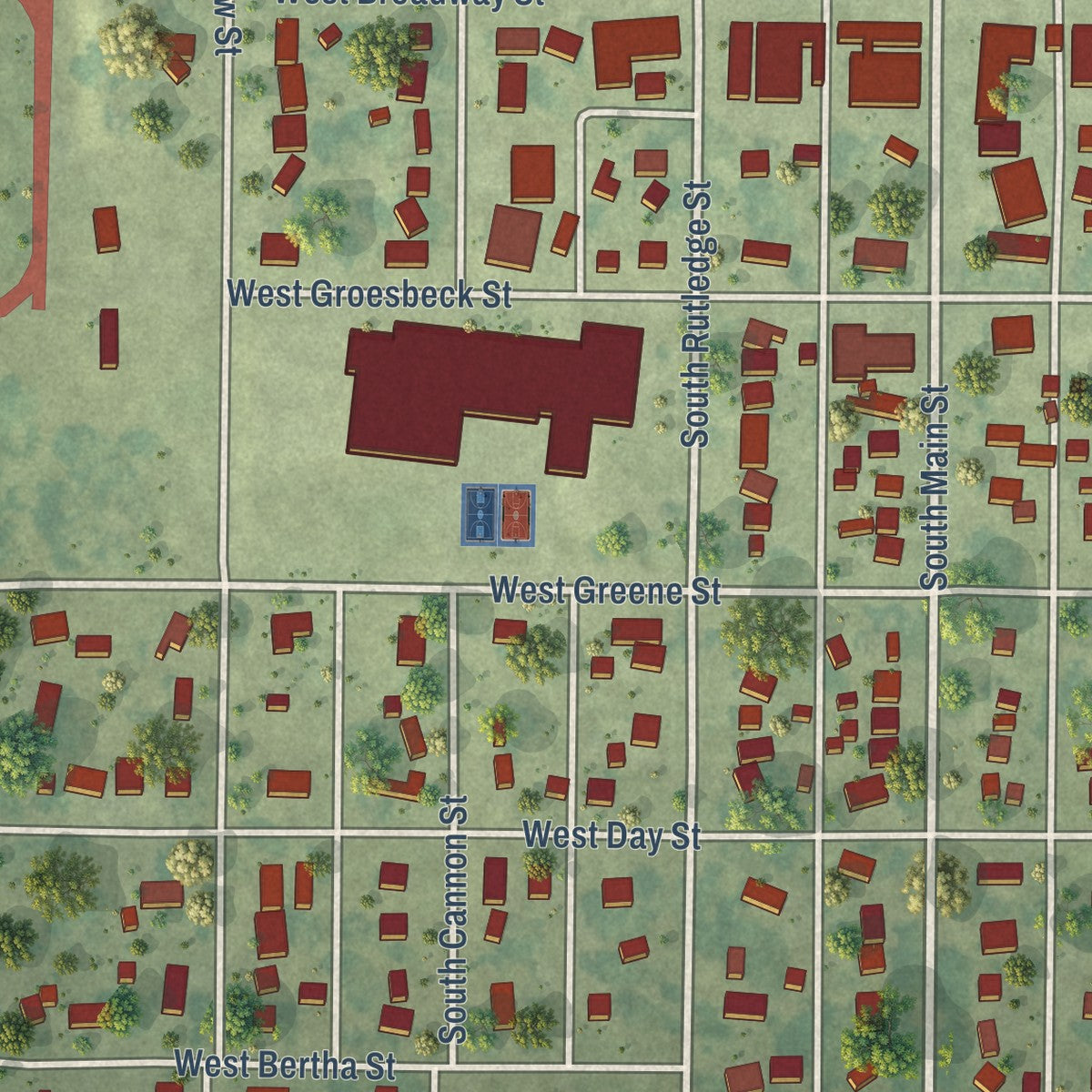 Close-up of the map of Paullina, Iowa print showing street and building detail