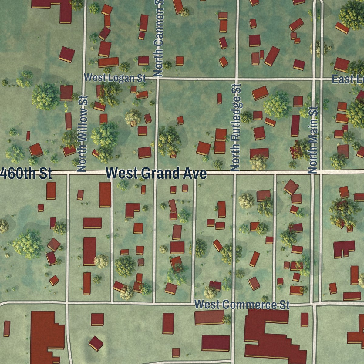 Second close-up of the map of Paullina, Iowa print showing more streets and buildings
