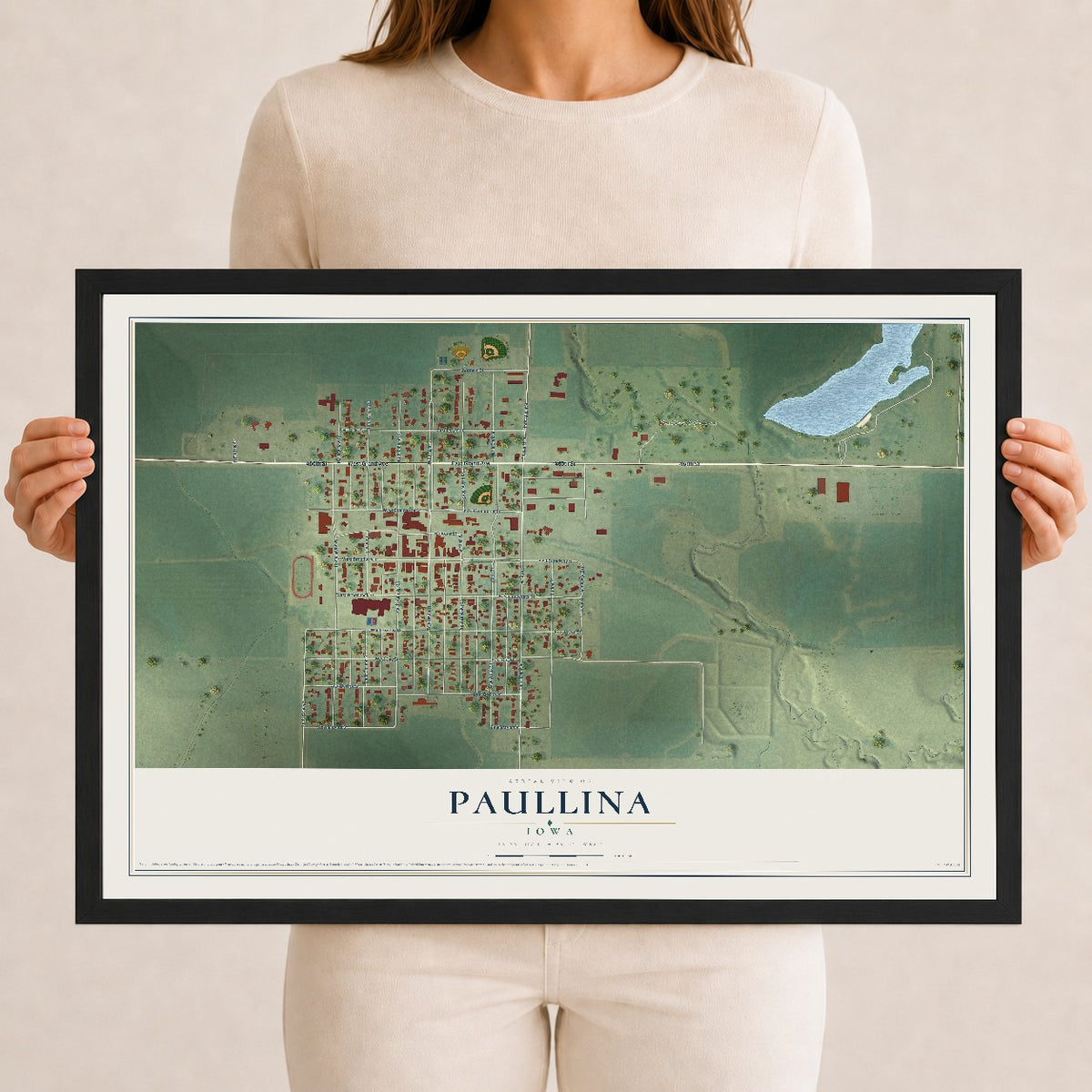 Map of Paullina, Iowa, 12 x 18 inch print in a black wood frame