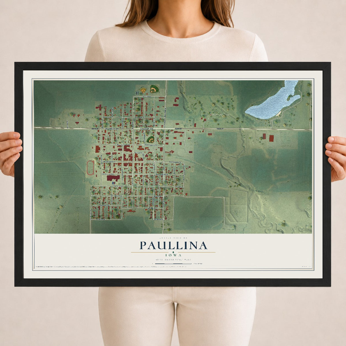 Map of Paullina, Iowa, 18 x 24 inch print in a black wood frame