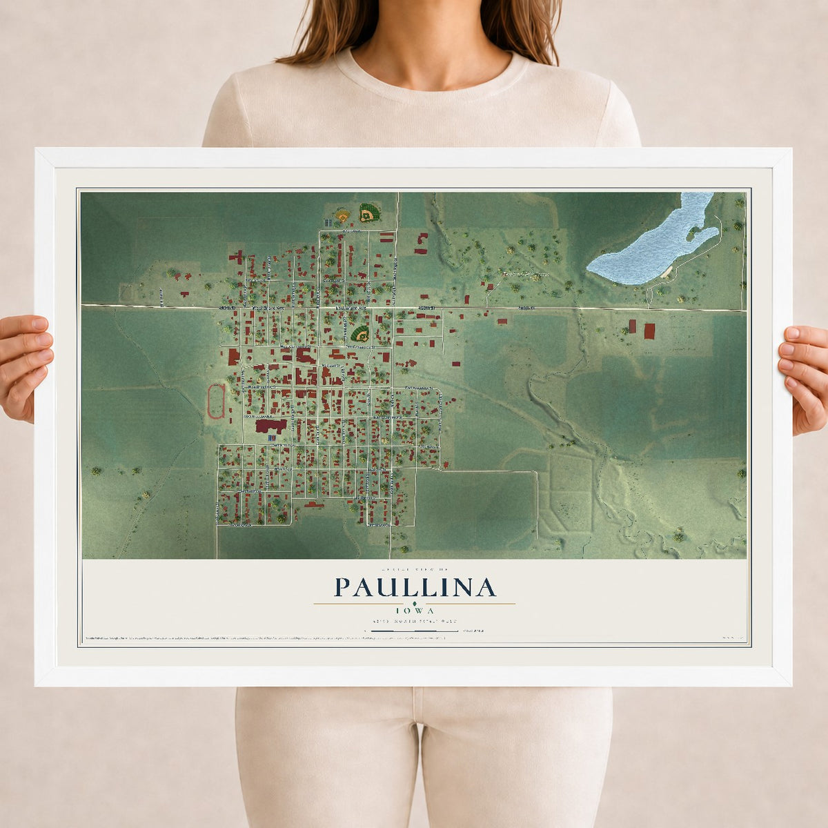 Map of Paullina, Iowa, 18 x 24 inch print in a white wood frame
