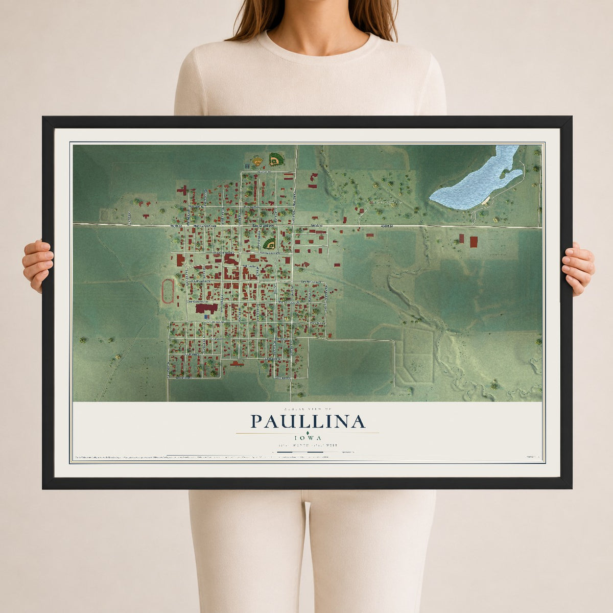 Map of Paullina, Iowa, 24 x 36 inch print in a black wood frame