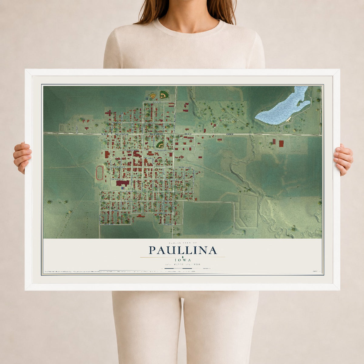 Map of Paullina, Iowa, 24 x 36 inch print in a white wood frame