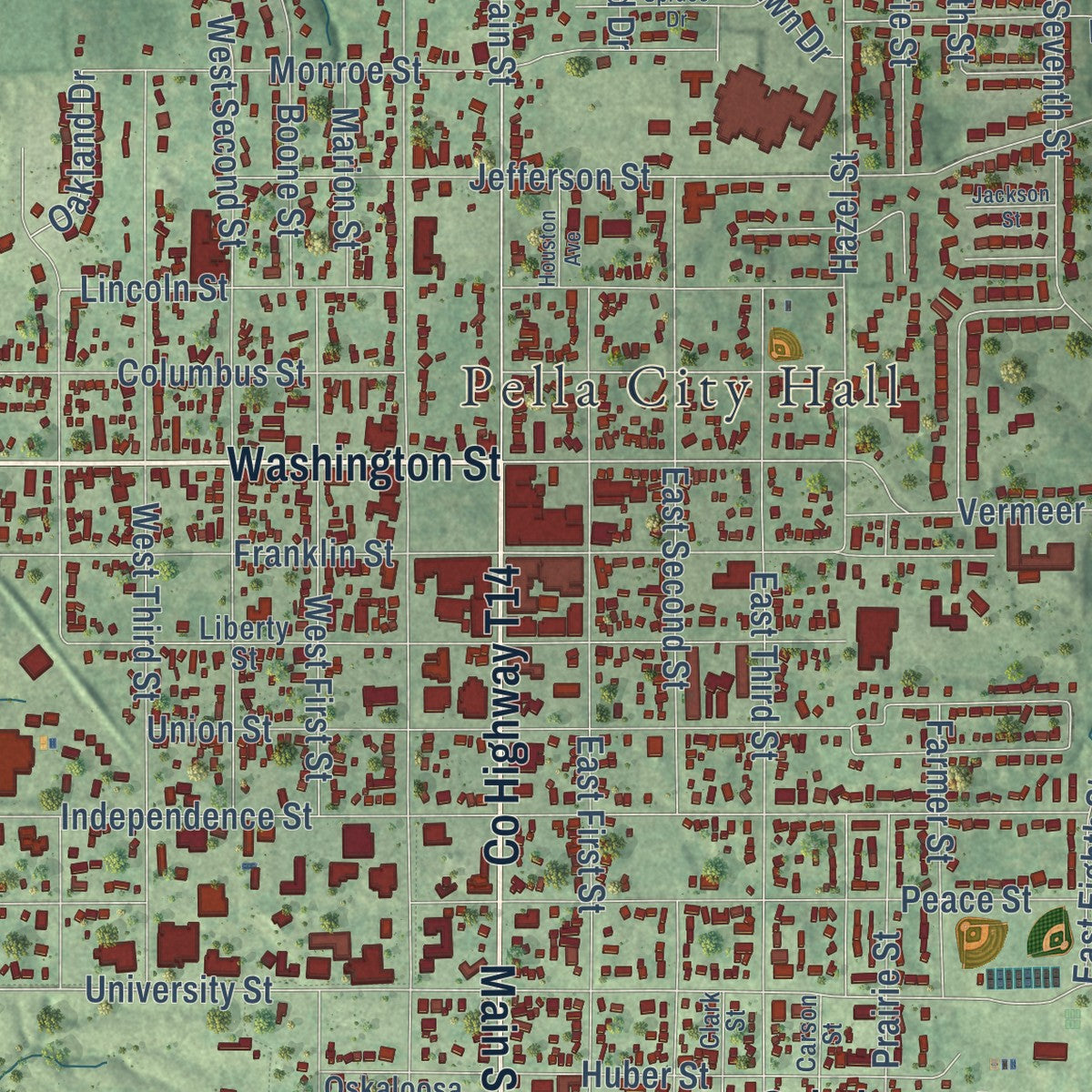Close-up of the map of Pella, Iowa print showing street and building detail