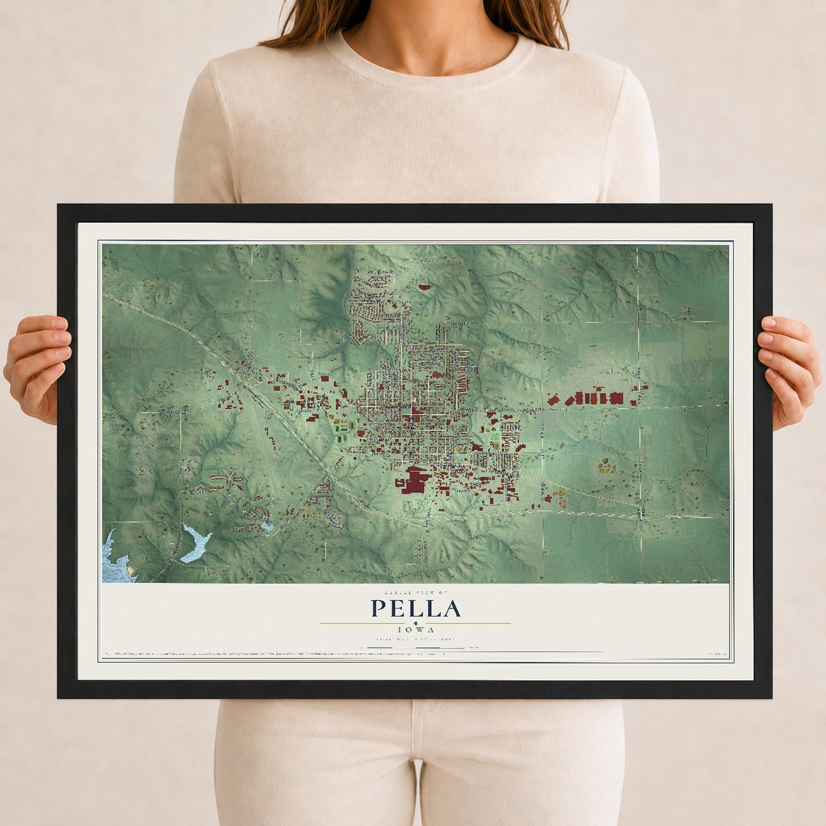 Map of Pella, Iowa, 12 x 18 inch print in a black wood frame