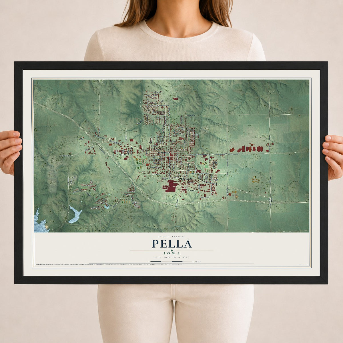 Map of Pella, Iowa, 18 x 24 inch print in a black wood frame