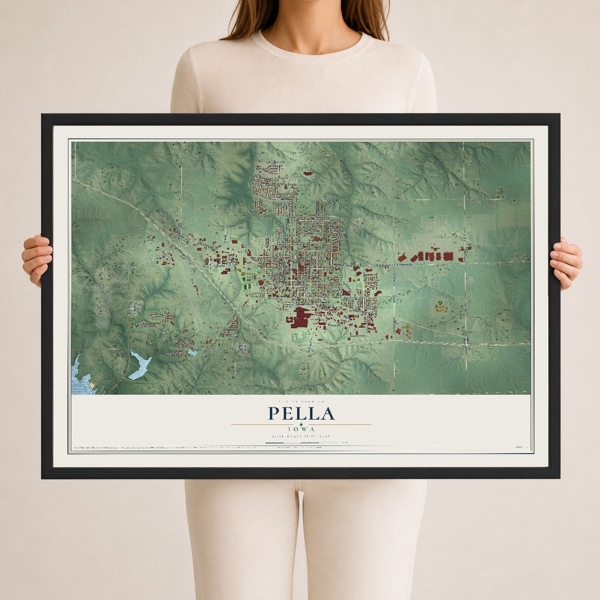Map of Pella, Iowa, 24 x 36 inch print in a black wood frame