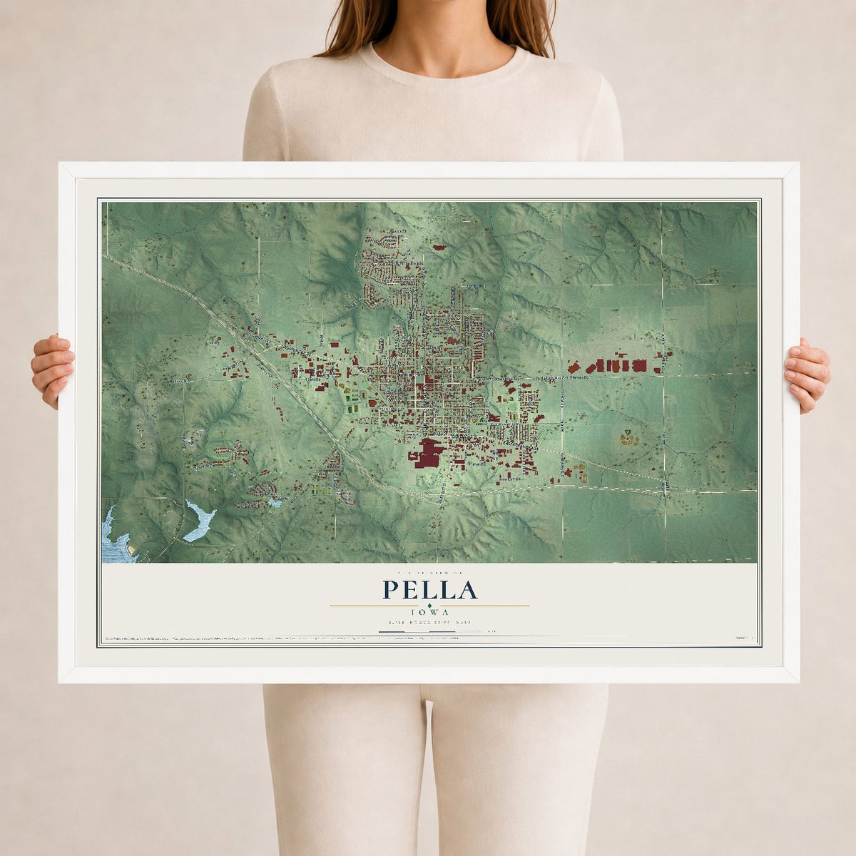 Map of Pella, Iowa, 24 x 36 inch print in a white wood frame