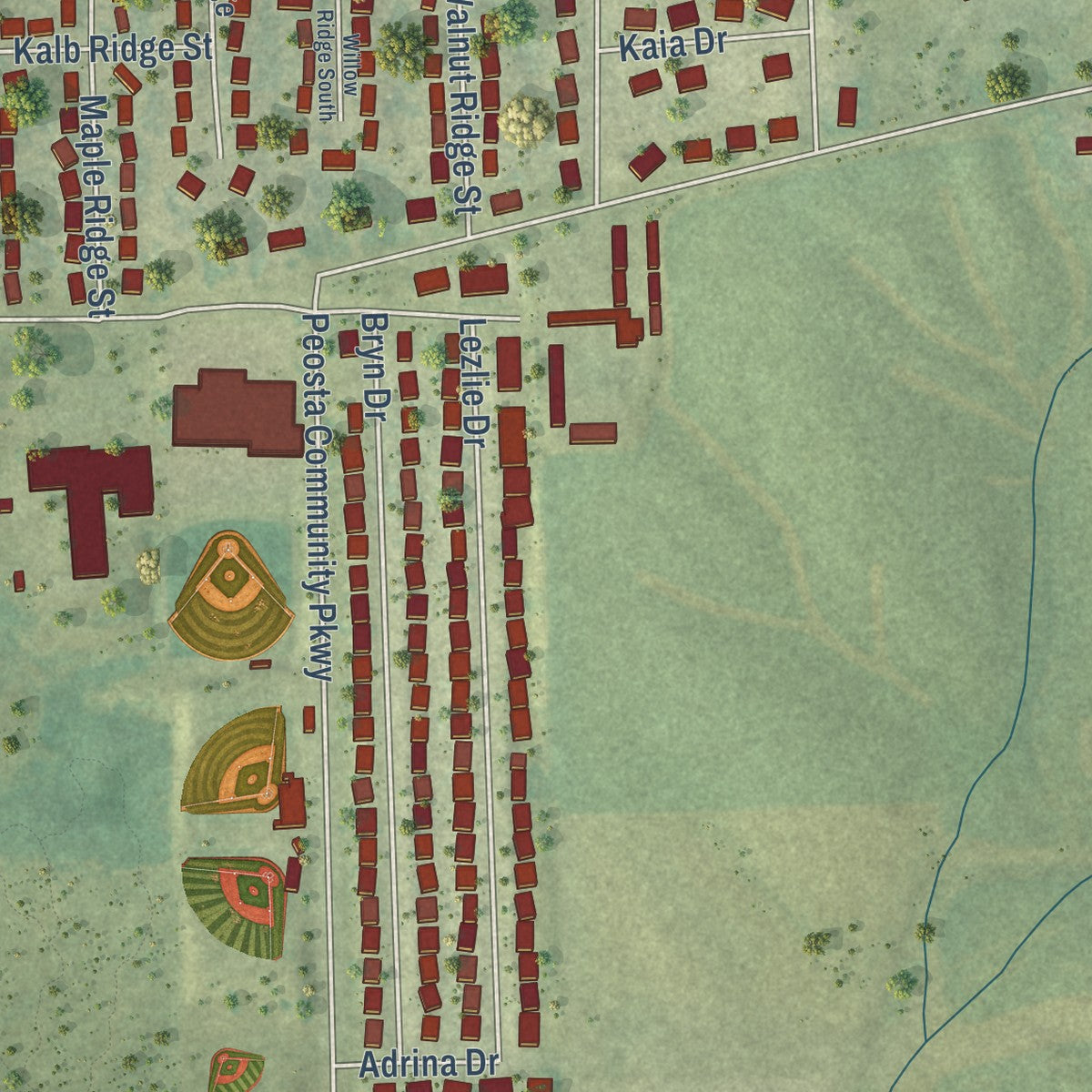 Second close-up of the map of Peosta, Iowa print showing more streets and buildings