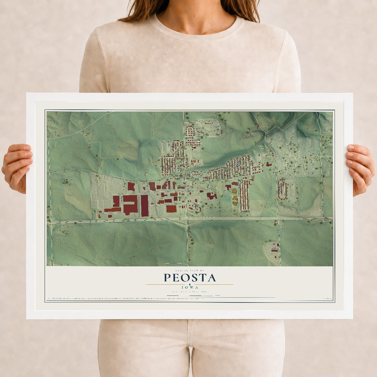 Map of Peosta, Iowa, 12 x 18 inch print in a white wood frame