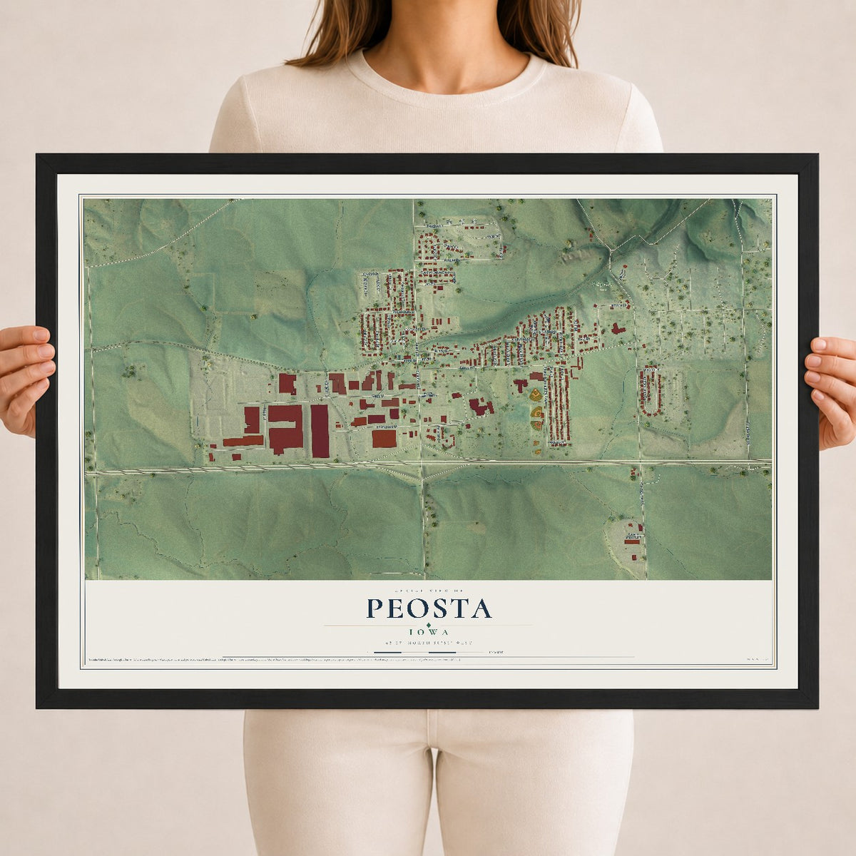 Map of Peosta, Iowa, 18 x 24 inch print in a black wood frame
