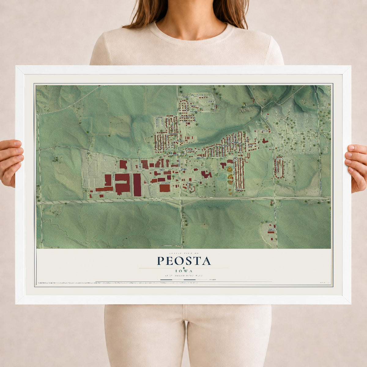 Map of Peosta, Iowa, 18 x 24 inch print in a white wood frame