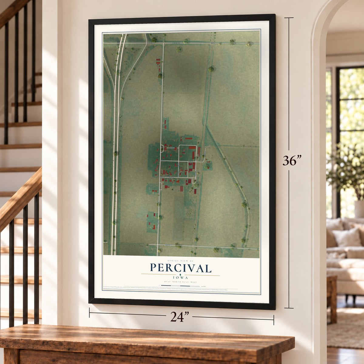 Percival, Iowa map, 24 x 36 inch print in a black frame by a staircase