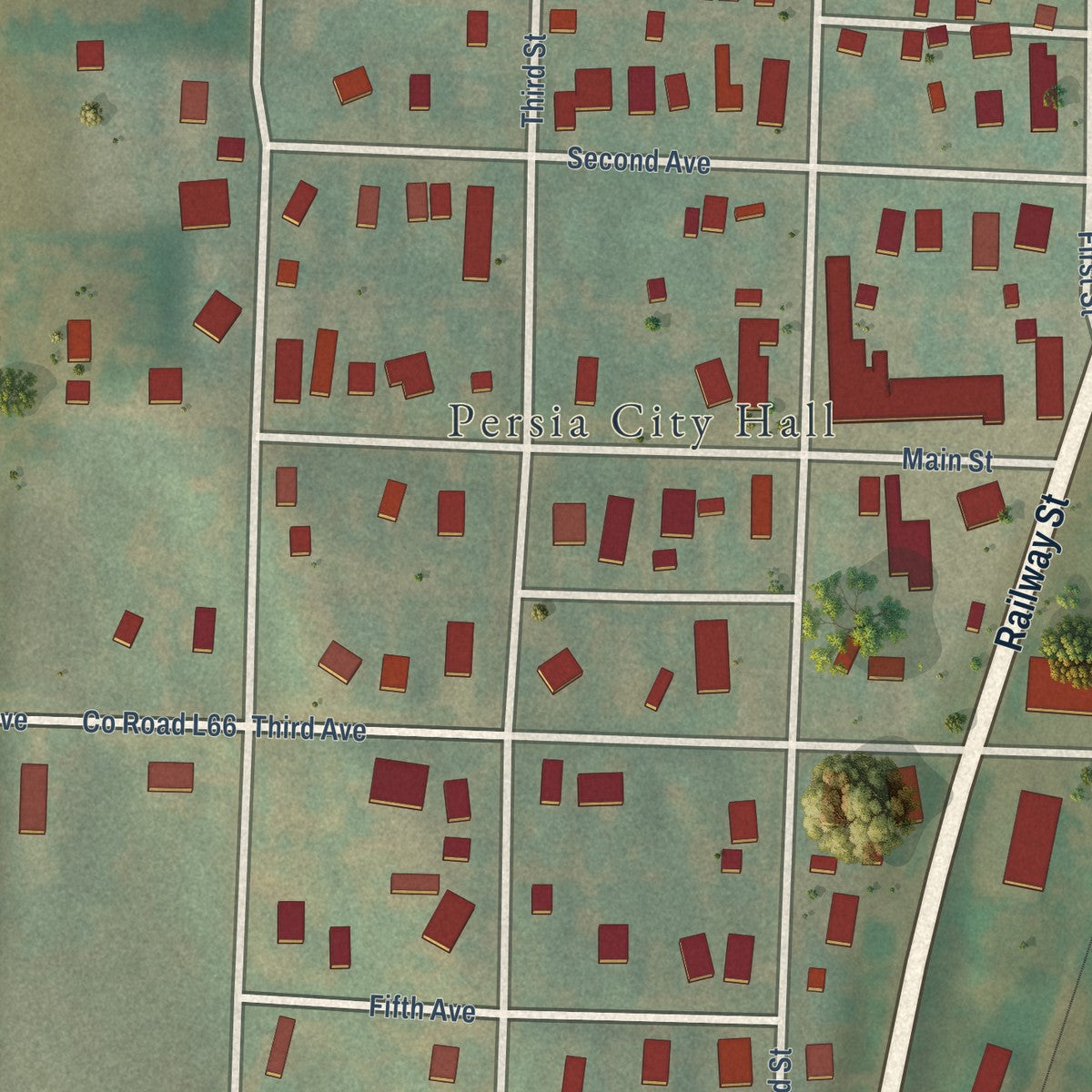 Close-up of the map of Persia, Iowa print showing street and building detail