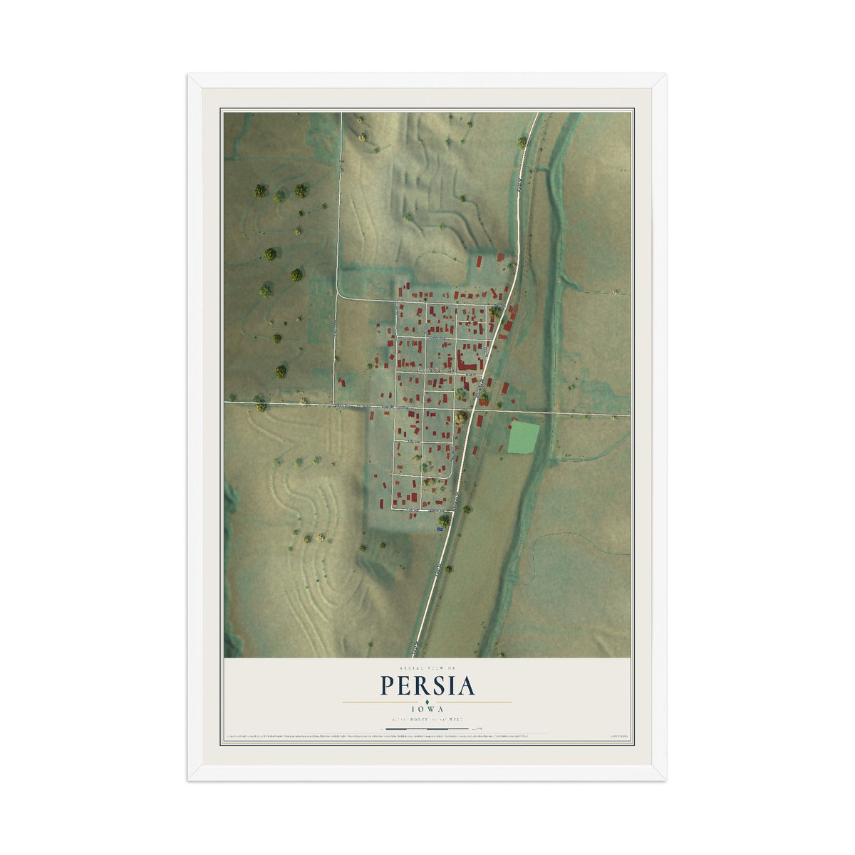 Map of Persia, Iowa, 12 x 18 inch print in a white wood frame