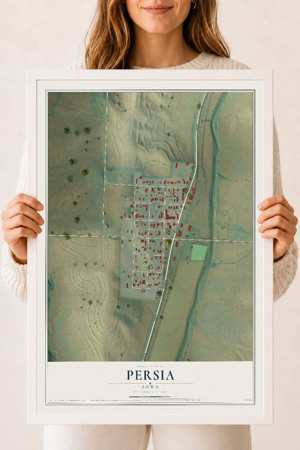 Map of Persia, Iowa, 18 x 24 inch print in a white wood frame