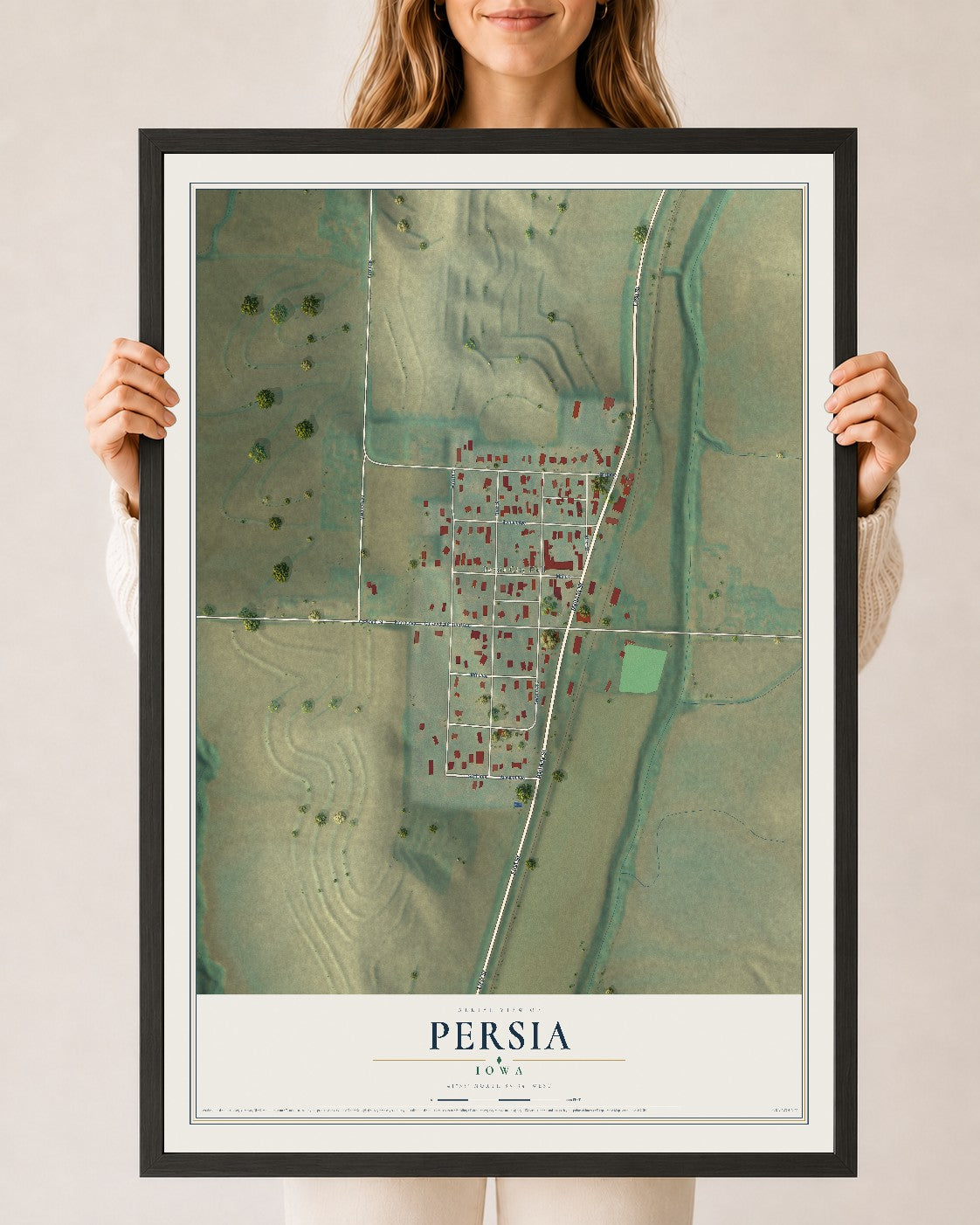 Map of Persia, Iowa, 24 x 36 inch print in a black wood frame