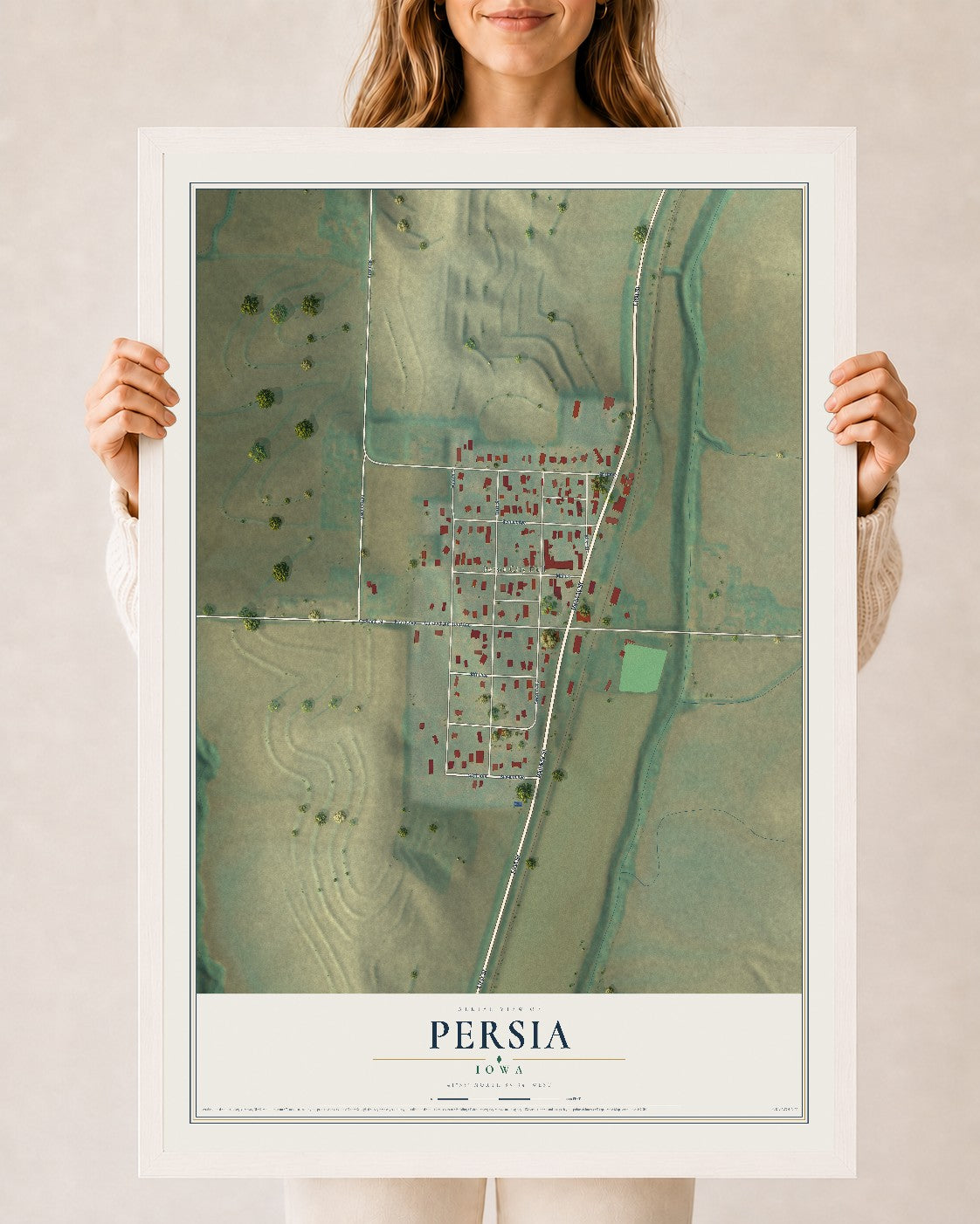 Map of Persia, Iowa, 24 x 36 inch print in a white wood frame