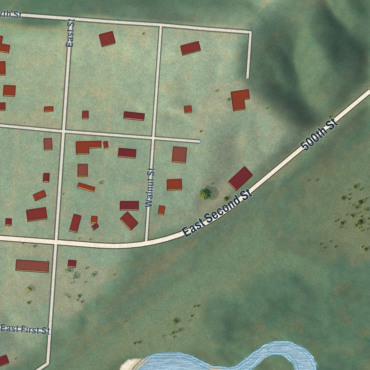Second close-up of the map of Peterson, Iowa print showing more streets and buildings