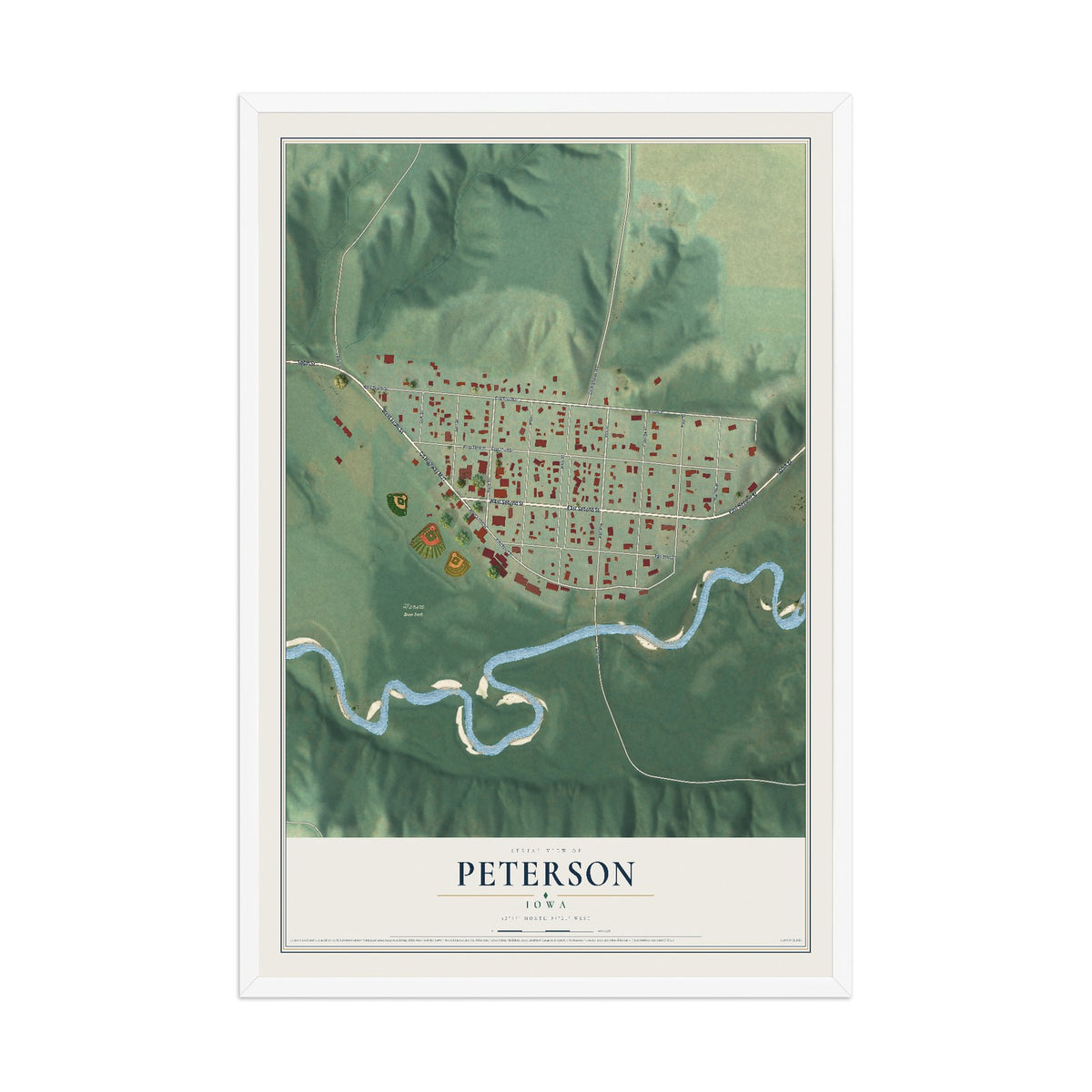 Map of Peterson, Iowa, 12 x 18 inch print in a white wood frame