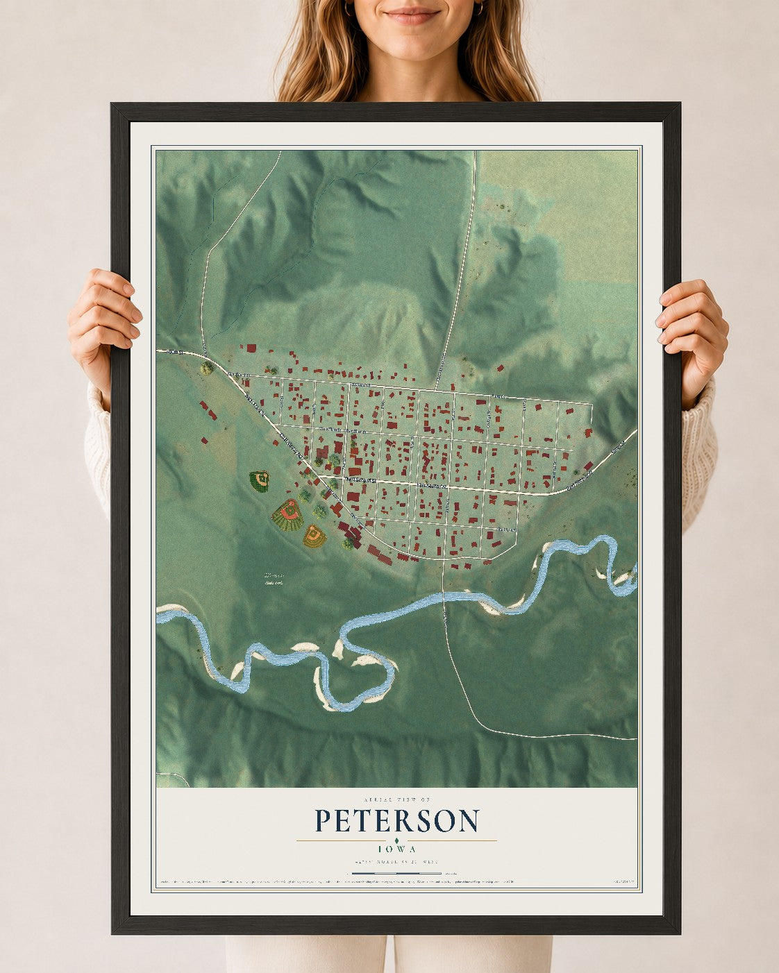 Map of Peterson, Iowa, 24 x 36 inch print in a black wood frame