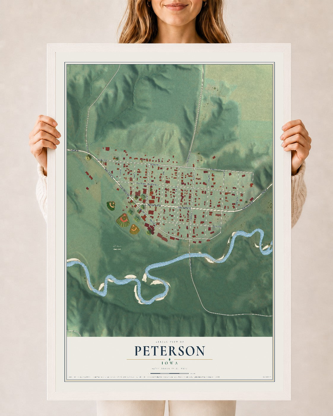 Map of Peterson, Iowa, 24 x 36 inch print in a white wood frame