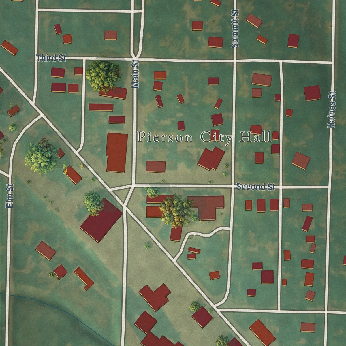Close-up of the map of Pierson, Iowa print showing street and building detail
