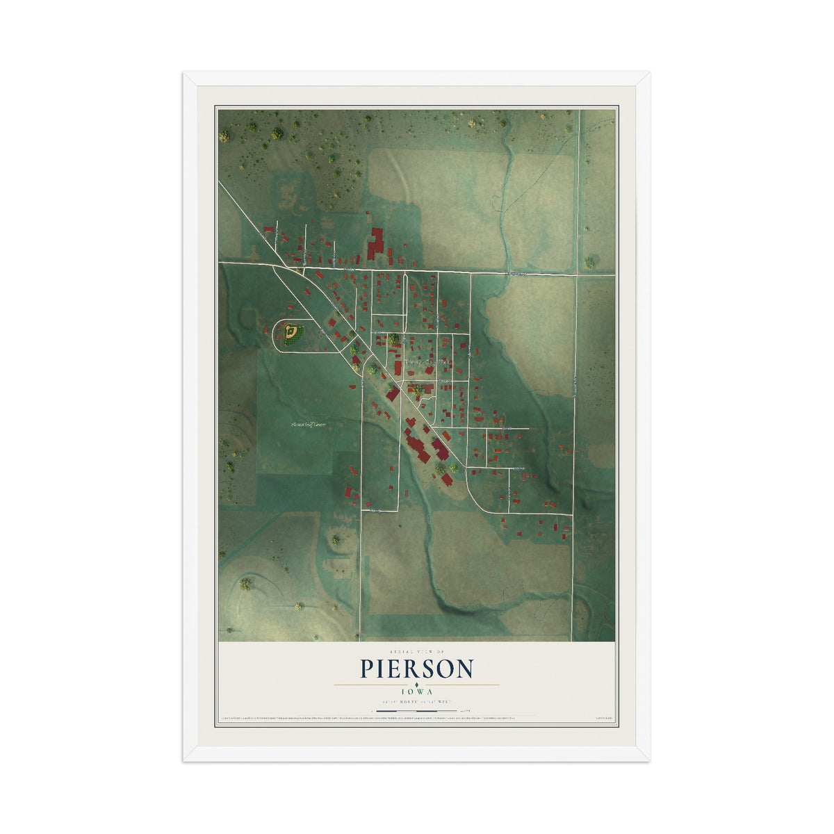 Map of Pierson, Iowa, 12 x 18 inch print in a white wood frame