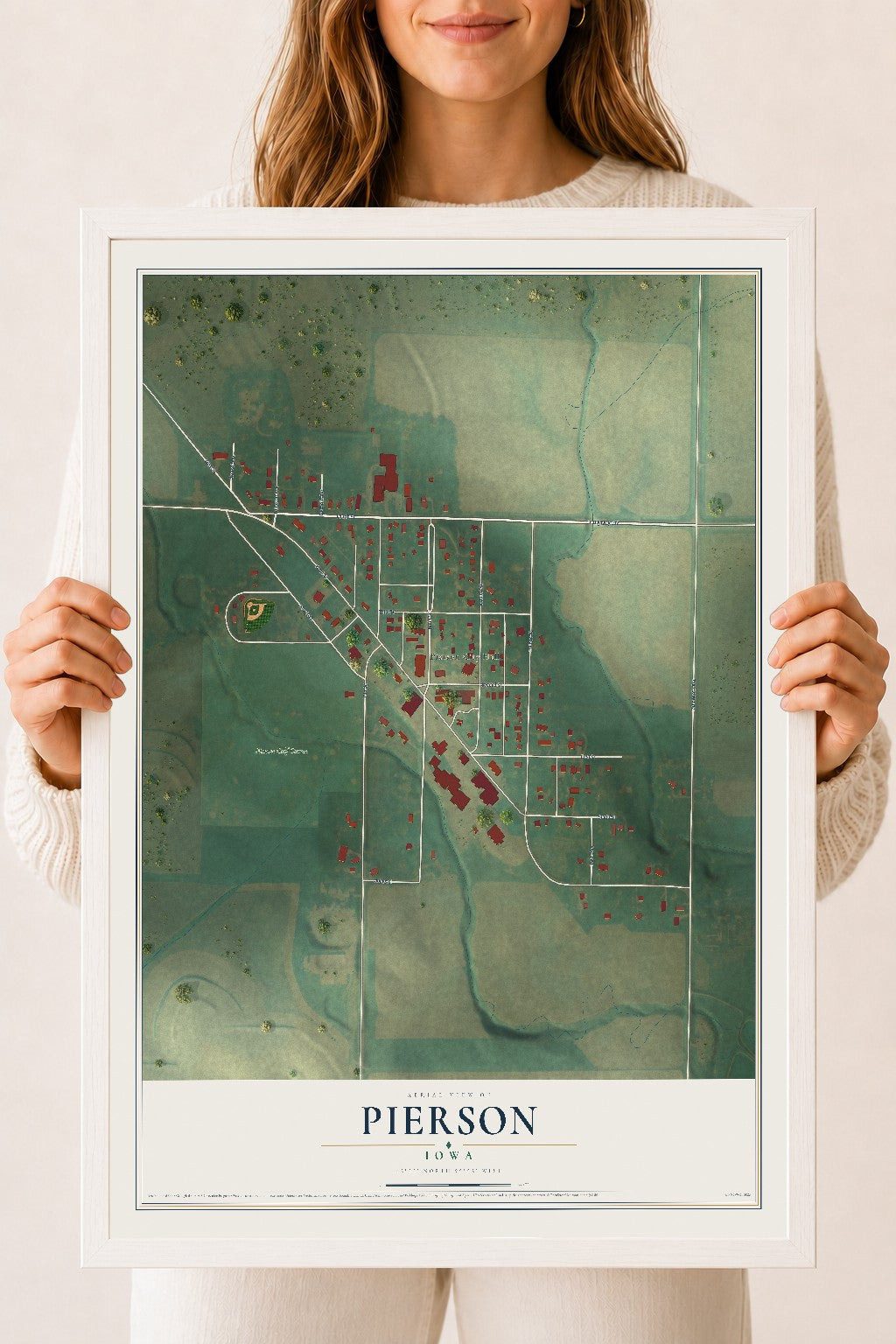 Map of Pierson, Iowa, 18 x 24 inch print in a white wood frame