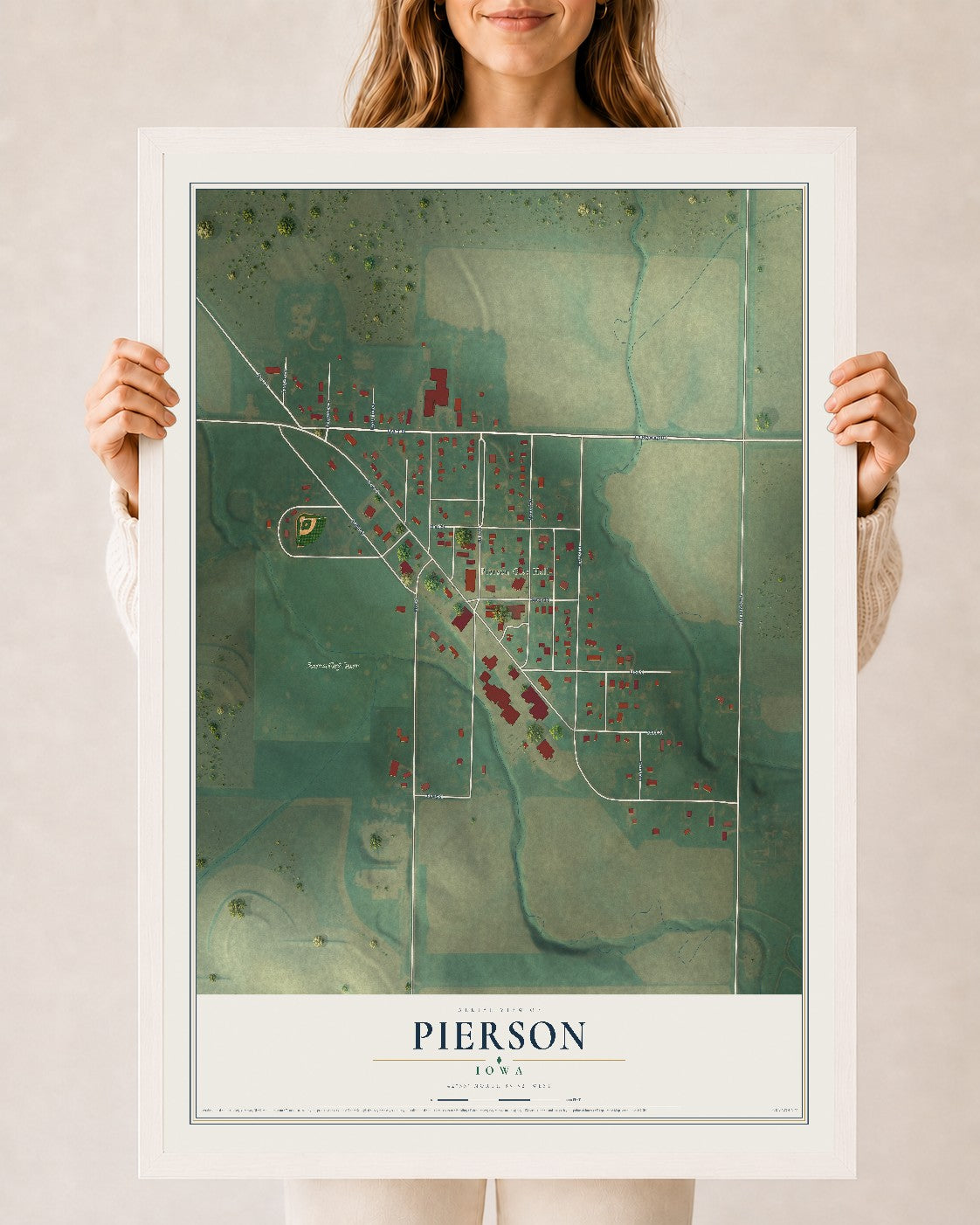 Map of Pierson, Iowa, 24 x 36 inch print in a white wood frame