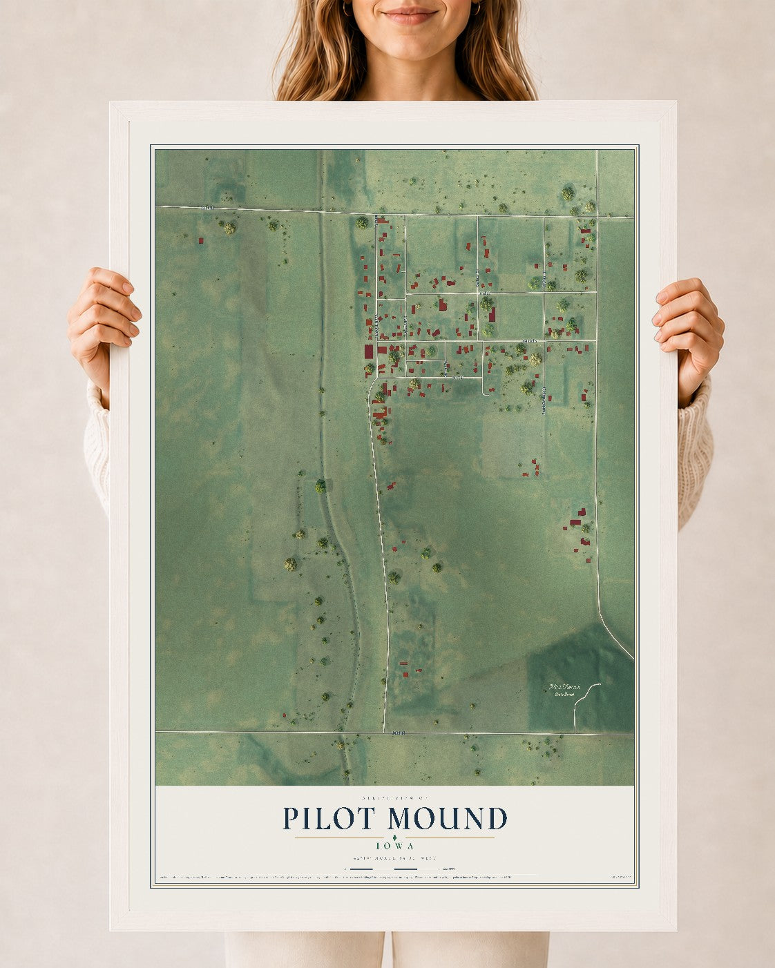 Map of Pilot Mound, Iowa, 24 x 36 inch print in a white wood frame