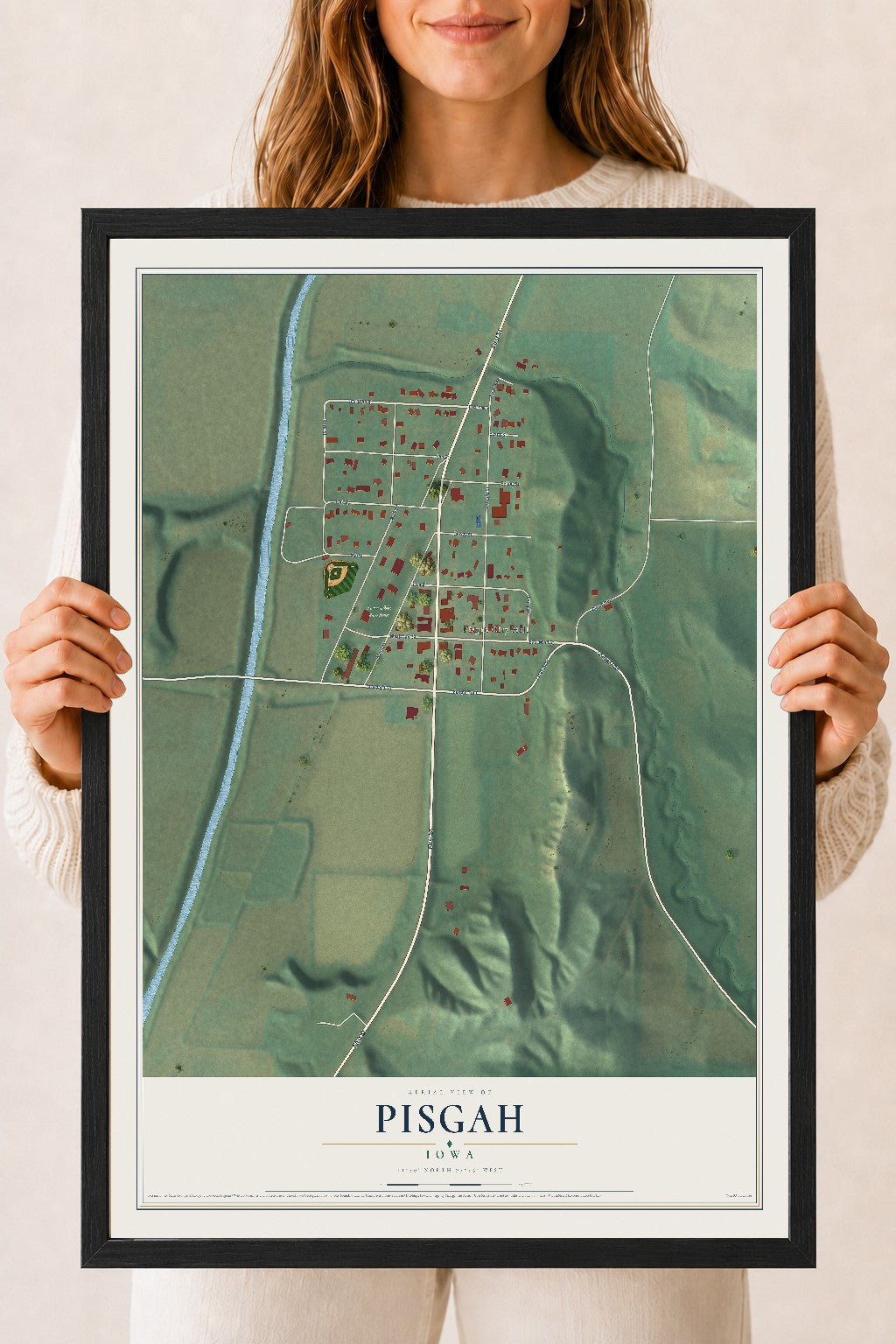 Map of Pisgah, Iowa, 18 x 24 inch print in a black wood frame