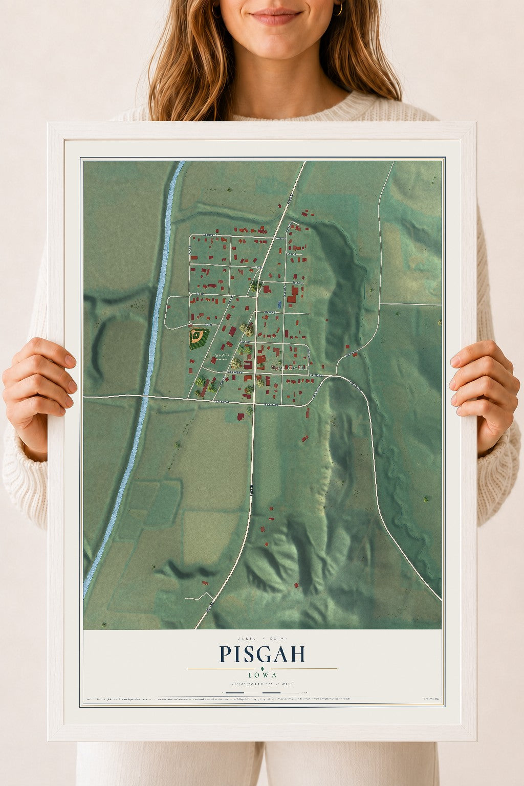 Map of Pisgah, Iowa, 18 x 24 inch print in a white wood frame