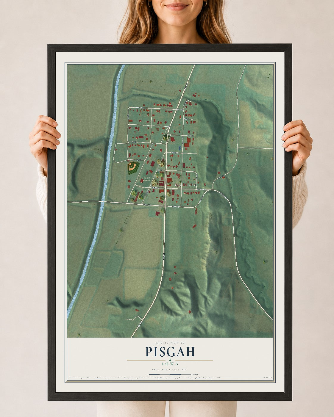 Map of Pisgah, Iowa, 24 x 36 inch print in a black wood frame