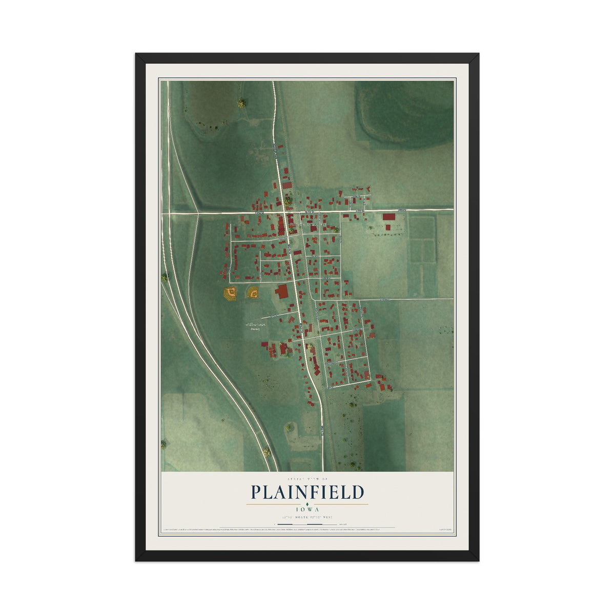 Map of Plainfield, Iowa, 12 x 18 inch print in a black wood frame