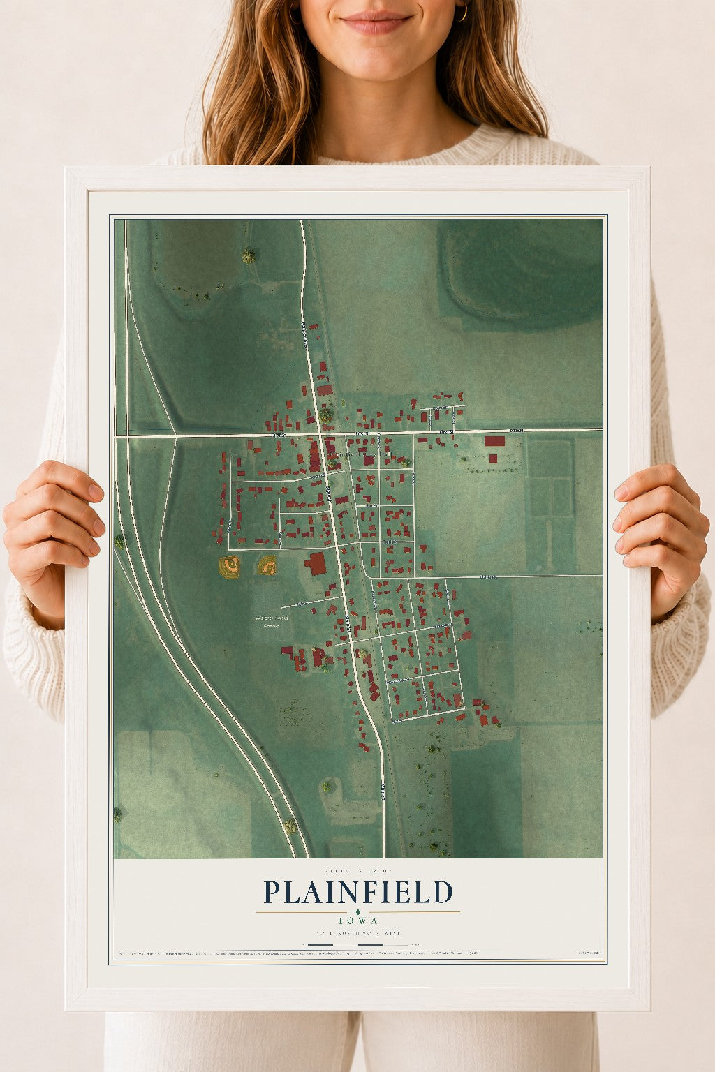 Map of Plainfield, Iowa, 18 x 24 inch print in a white wood frame