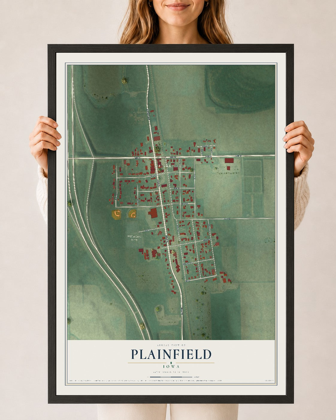 Map of Plainfield, Iowa, 24 x 36 inch print in a black wood frame