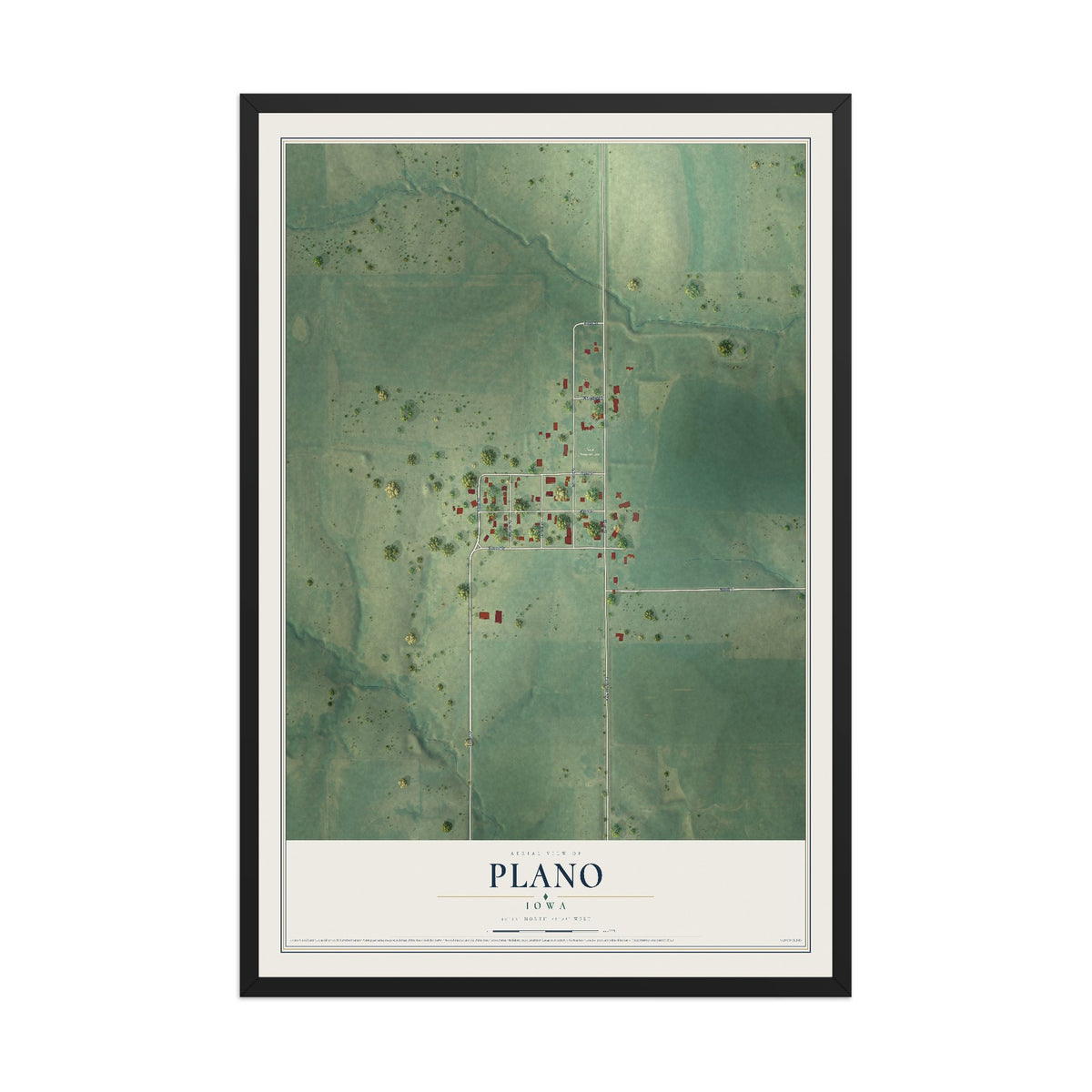 Map of Plano, Iowa, 12 x 18 inch print in a black wood frame