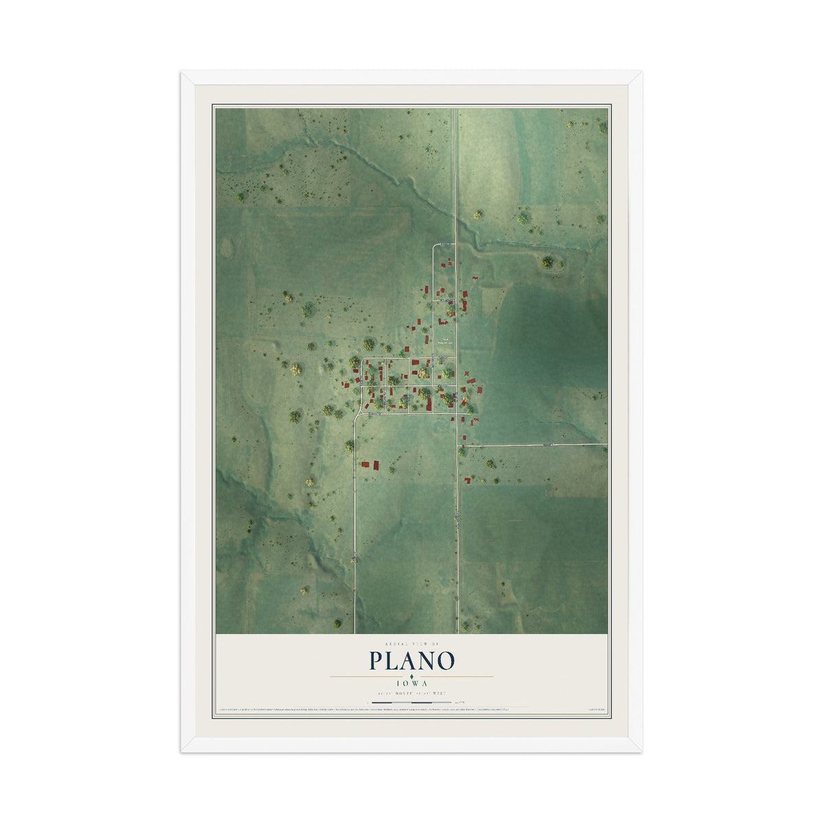 Map of Plano, Iowa, 12 x 18 inch print in a white wood frame