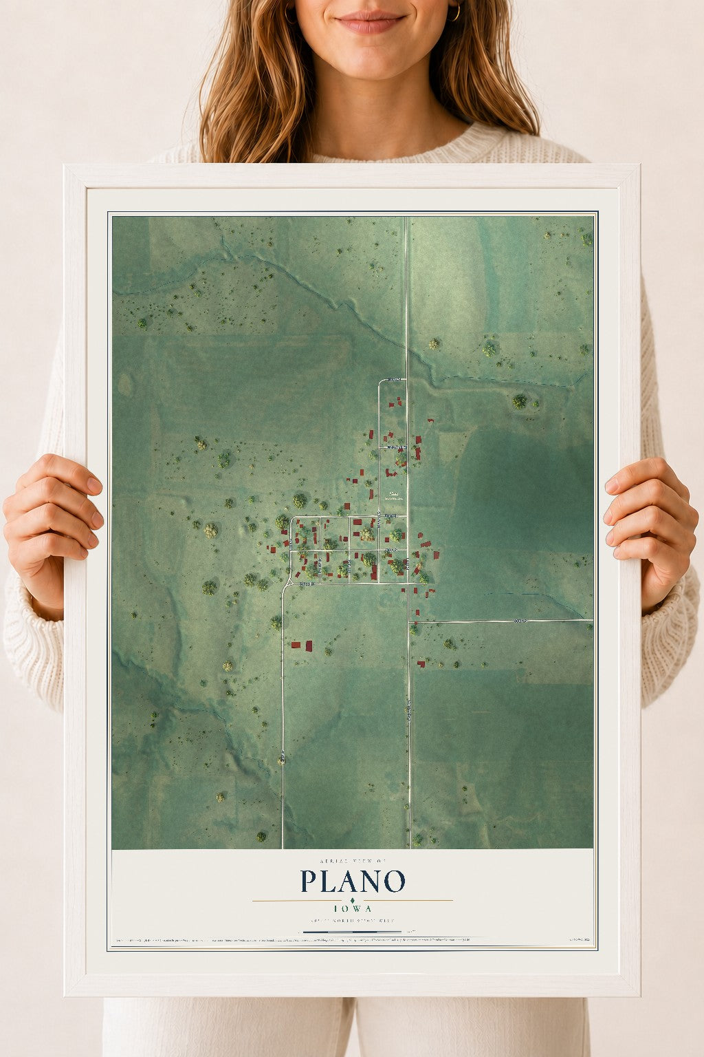 Map of Plano, Iowa, 18 x 24 inch print in a white wood frame