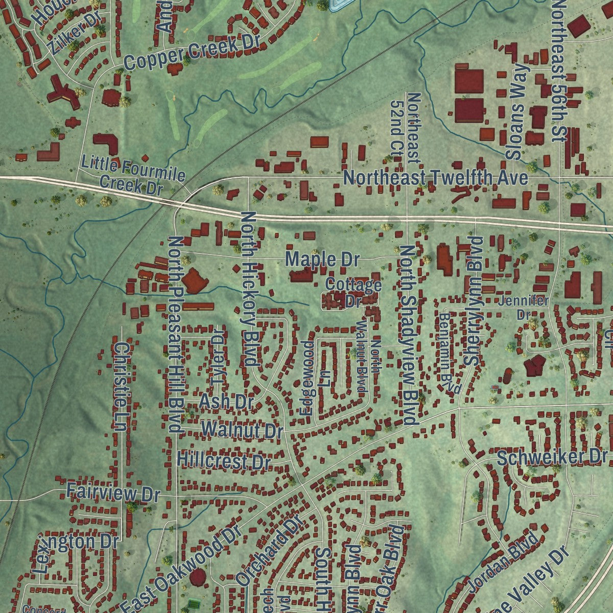 Close-up of the map of Pleasant Hill, Iowa print showing street and building detail