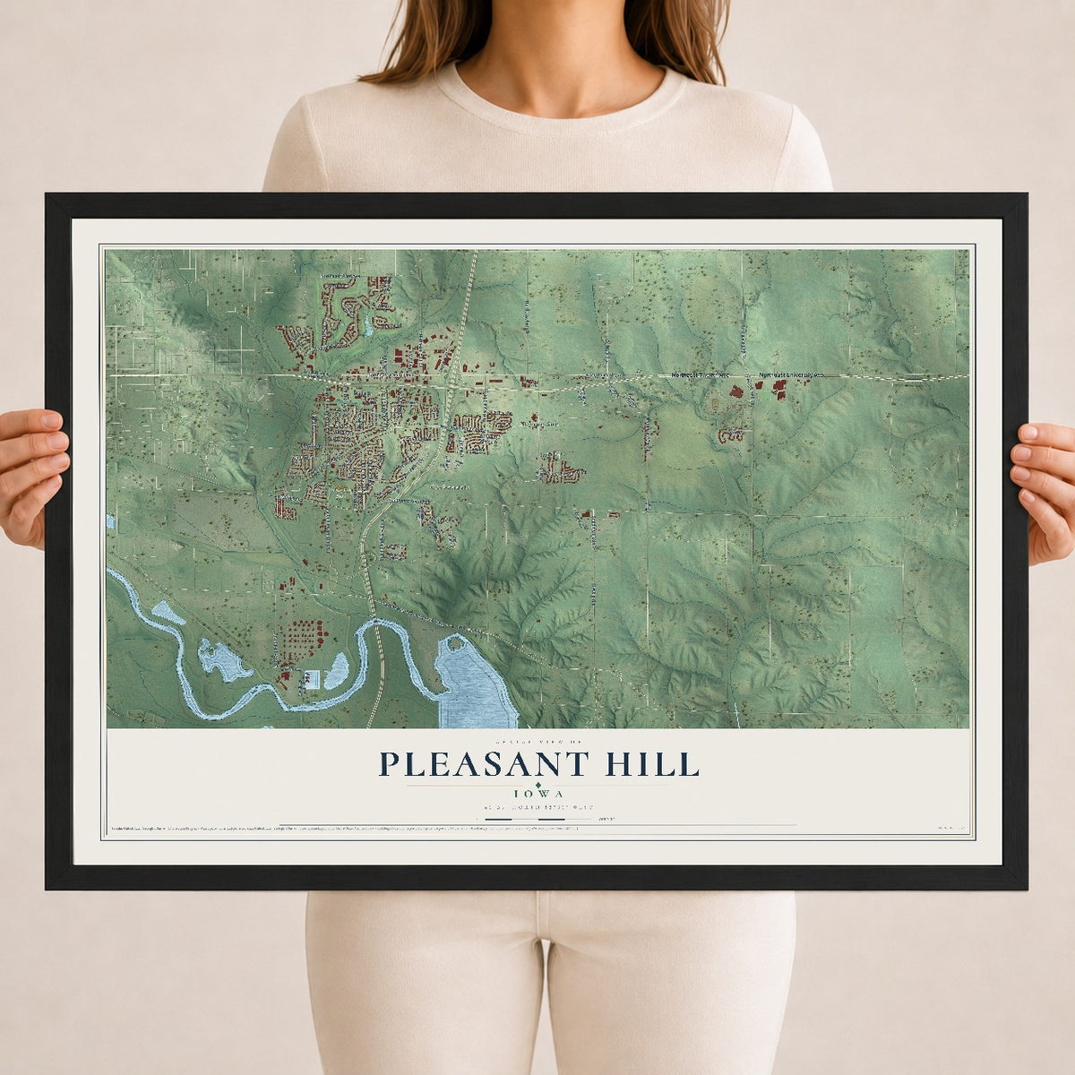 Map of Pleasant Hill, Iowa, 18 x 24 inch print in a black wood frame