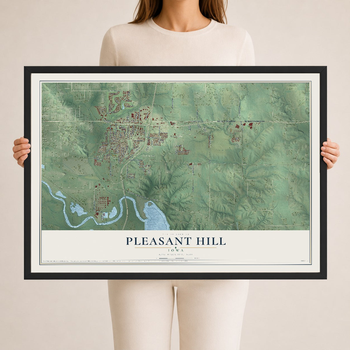Map of Pleasant Hill, Iowa, 24 x 36 inch print in a black wood frame
