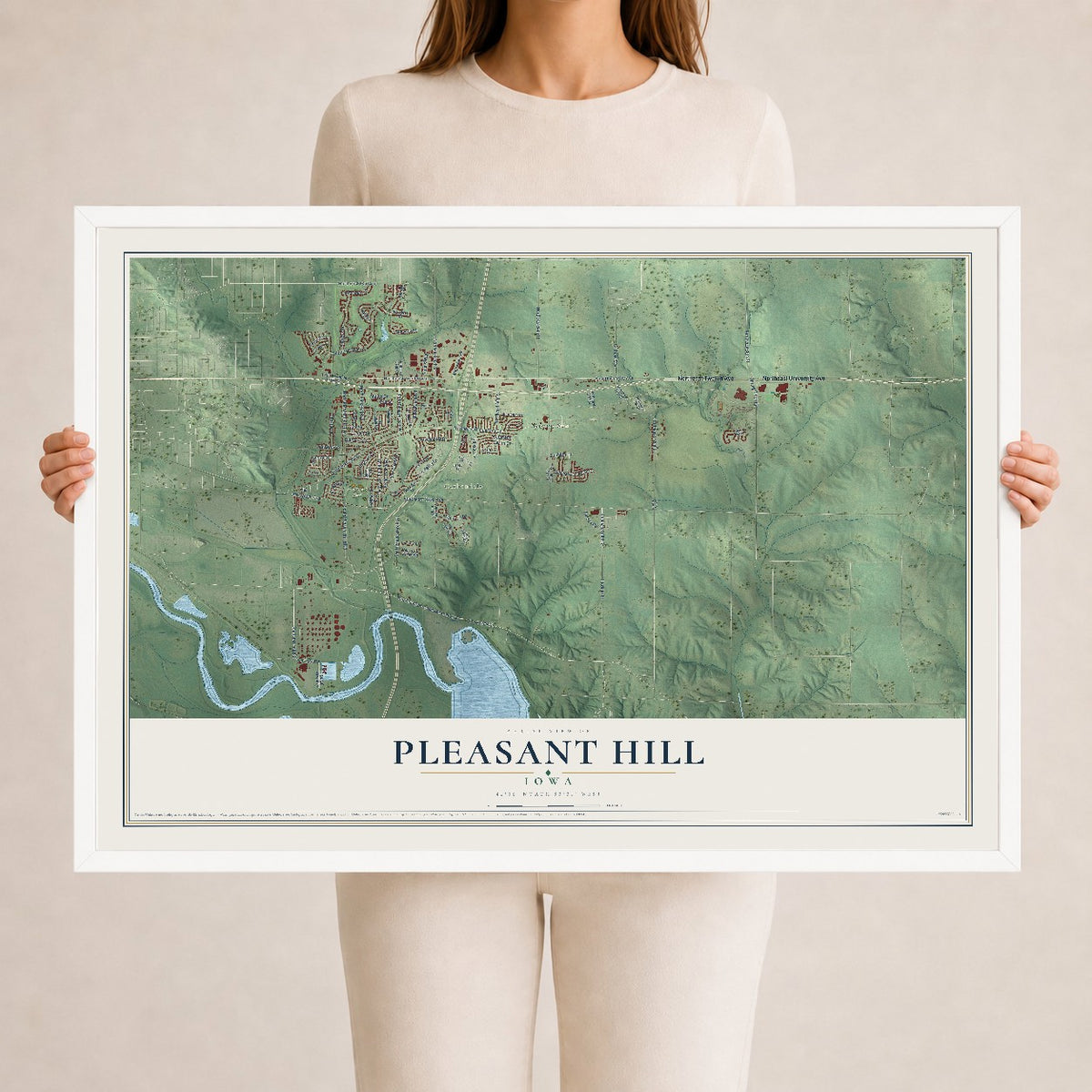 Map of Pleasant Hill, Iowa, 24 x 36 inch print in a white wood frame