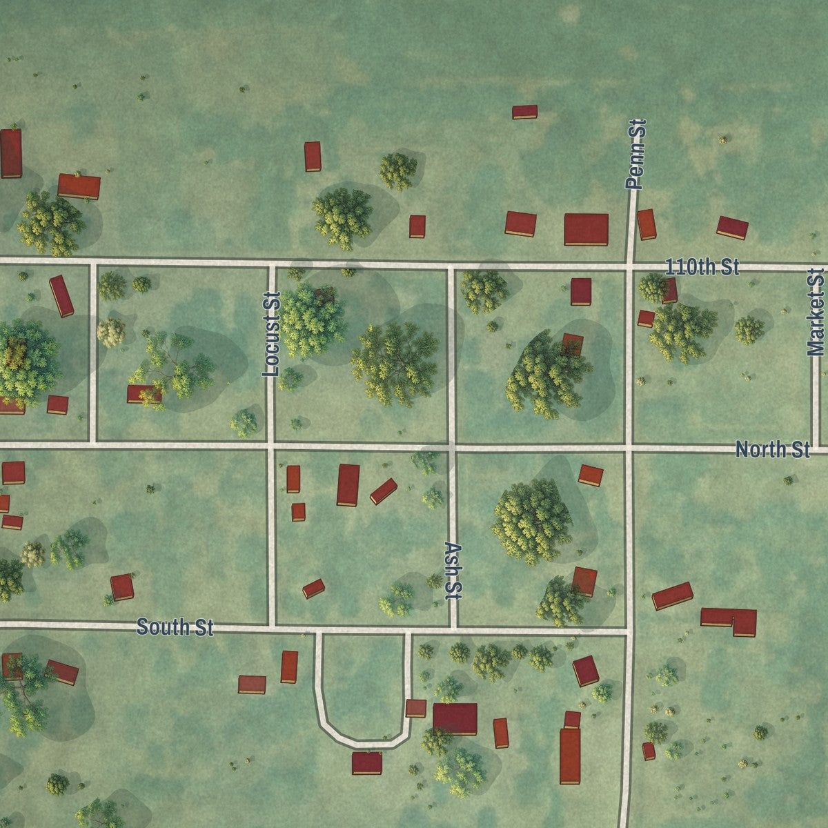 Close-up of the map of Pleasant Plain, Iowa print showing street and building detail