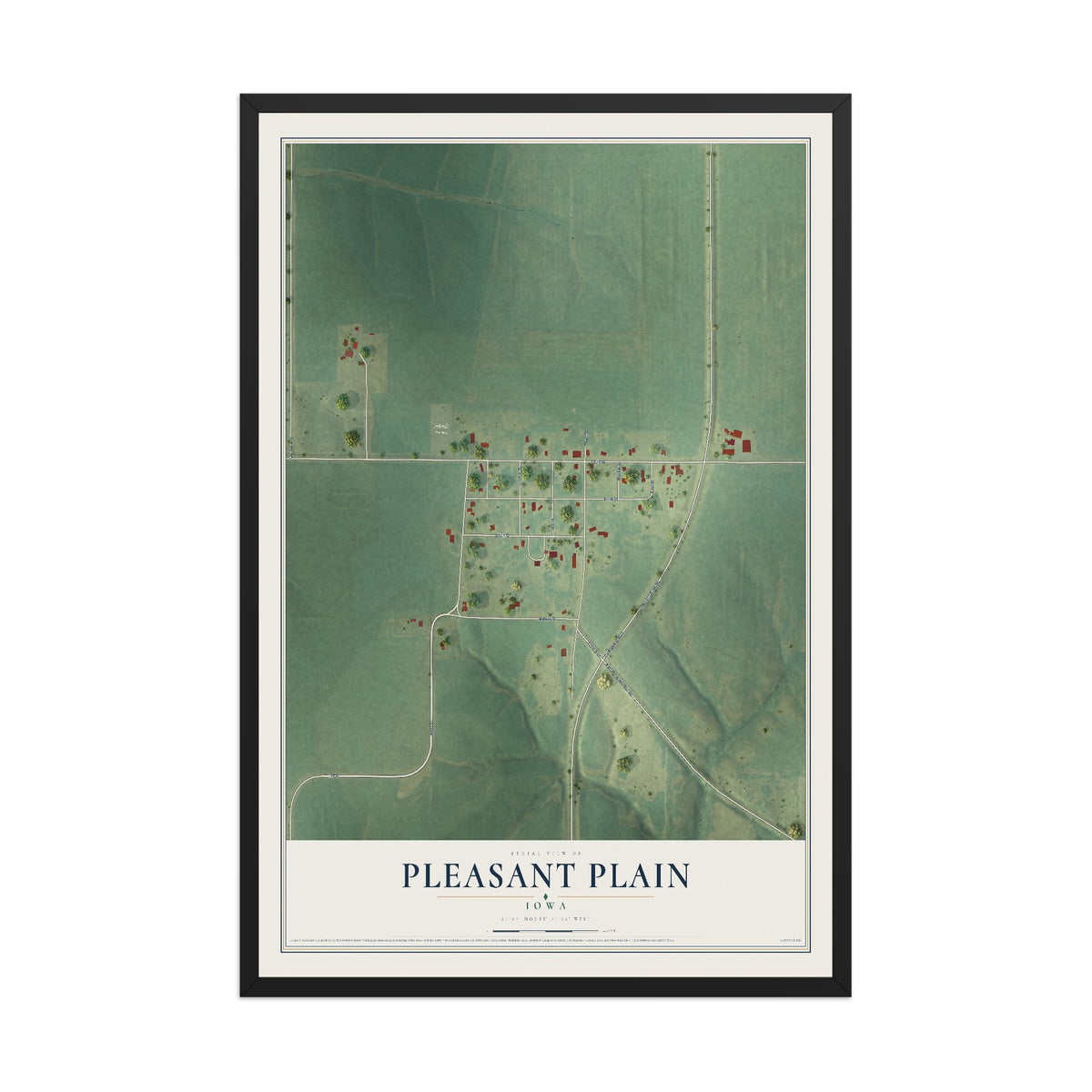 Map of Pleasant Plain, Iowa, 12 x 18 inch print in a black wood frame