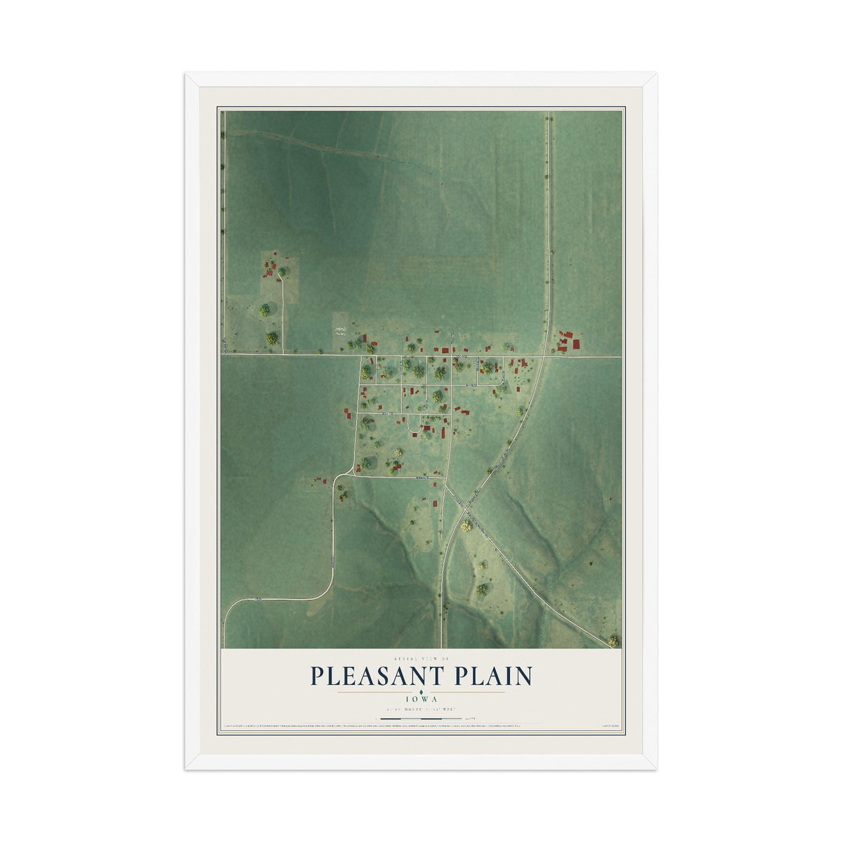 Map of Pleasant Plain, Iowa, 12 x 18 inch print in a white wood frame